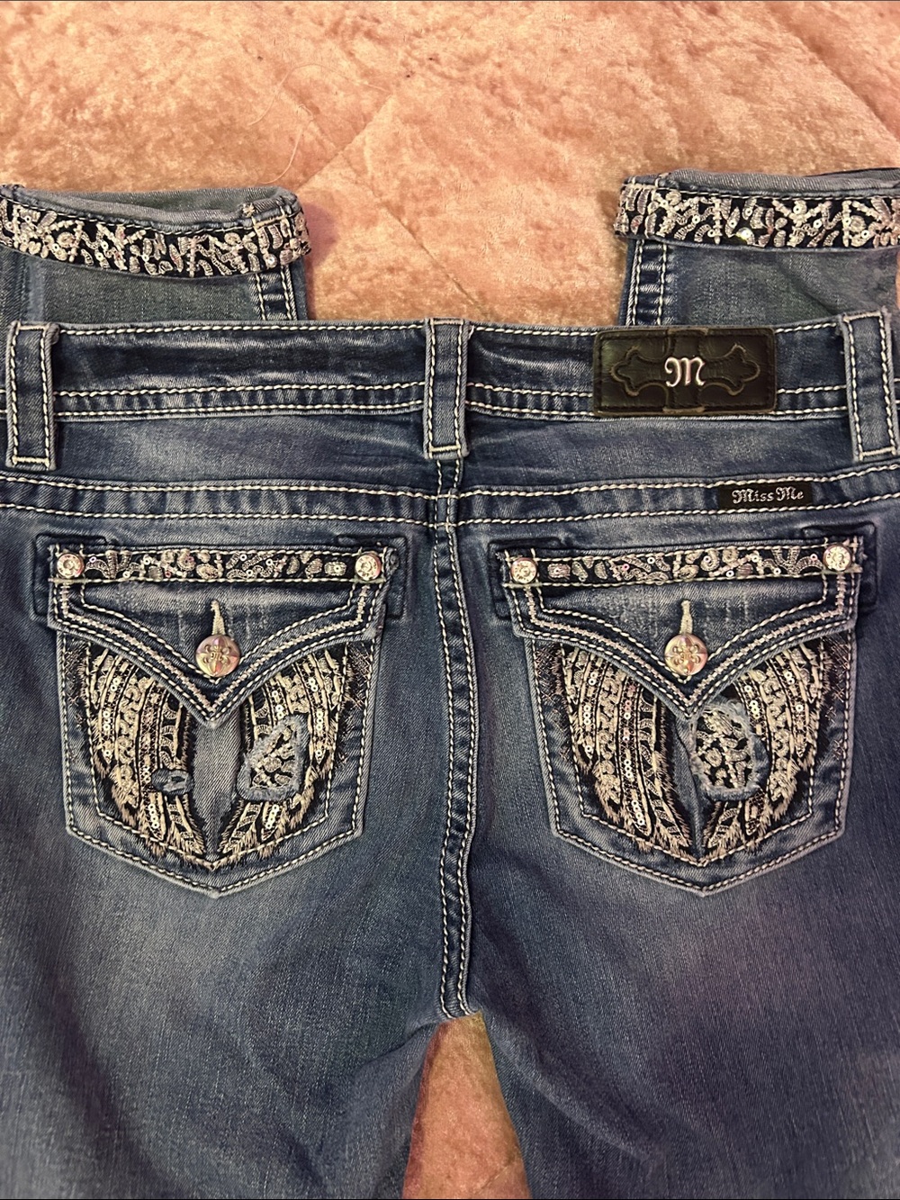 Miss Me Indigo Embroidered Jewel Pocket Bootcut Jeans